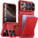 SSLOTSCASE for iPhone 16 Pro Max Case with Credit Card Holder & Lens Cover Stand & Kickstand, Multi Functional TPU Sturdy Protective Wallet Case Cover for iPhone 16 Pro Max 6.9'' 5G, Red