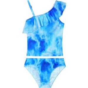 Girls Tankini Swimsuit Two Piece Bathing Suit Colorful Toddler Kids Ruffle Swimwear Adjustable Strap Summer Beach (Blue)size 150