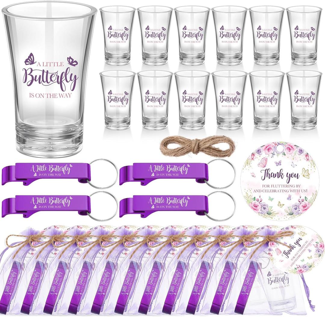 Funnymoom 50 Sets Butterfly Baby Shower Favors for Guests a Little Butterfly Is on the Way Acrylic Shot Glasses with Bottle Opener Keychains Floral Thank You Tags and Bags Birthday Party Supplies