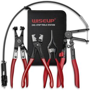 WISEUP 4PCS Hose Clamp Pliers Set - Includes 27" Long Reach Wire Spring Plier, Clic-R Type Pliers, Hose Remover & Flat Band Clamp Tool - for Automotive Fuel, Oil, Coolant, Radiator Hoses