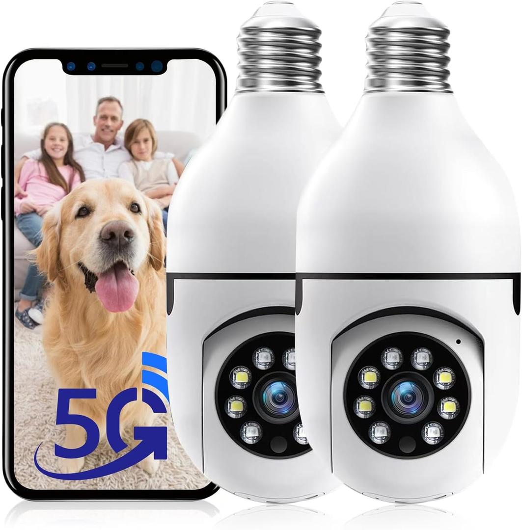 Light Bulb Security Camera Outdoor, 5G& 2.4GHz WiFi Security Cameras Wireless for Home Security, Motion Detection, Color Night Vision, Siren Alarm, Bulb Camera Compatible with Alexa (2 Pack) (White)