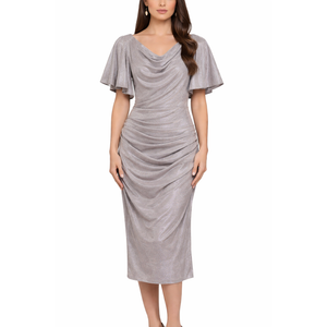 Women's Long Glitter Cape Sleeve Dress with Draped Neckline and Hidden Back Zipper, 10