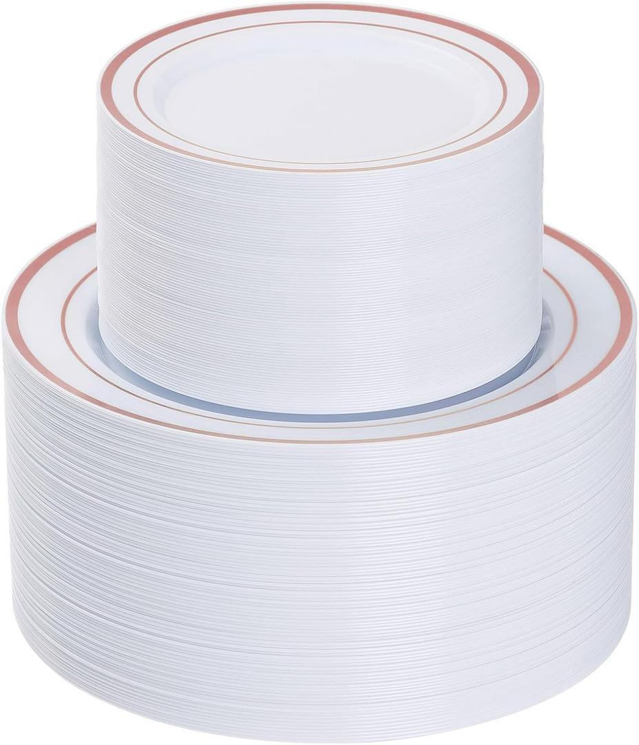 Goodluck 200PCS Rose Gold Plastic Plates, Heavy Duty Disposable Rose Gold Plates with 100 10.25 inch Dinner Plates and 100 7.5 inch Dessert Plates, Disposable Plates for Party, Wedding, Valentines