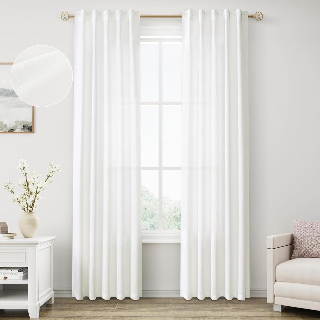 Ivory White Linen Curtains 84 Inch Length 2 Panels for Living Room Bedroom Office Back Tab Pocket Privacy with Light Through Morden Farmhouse Decorative Drapes 40x84