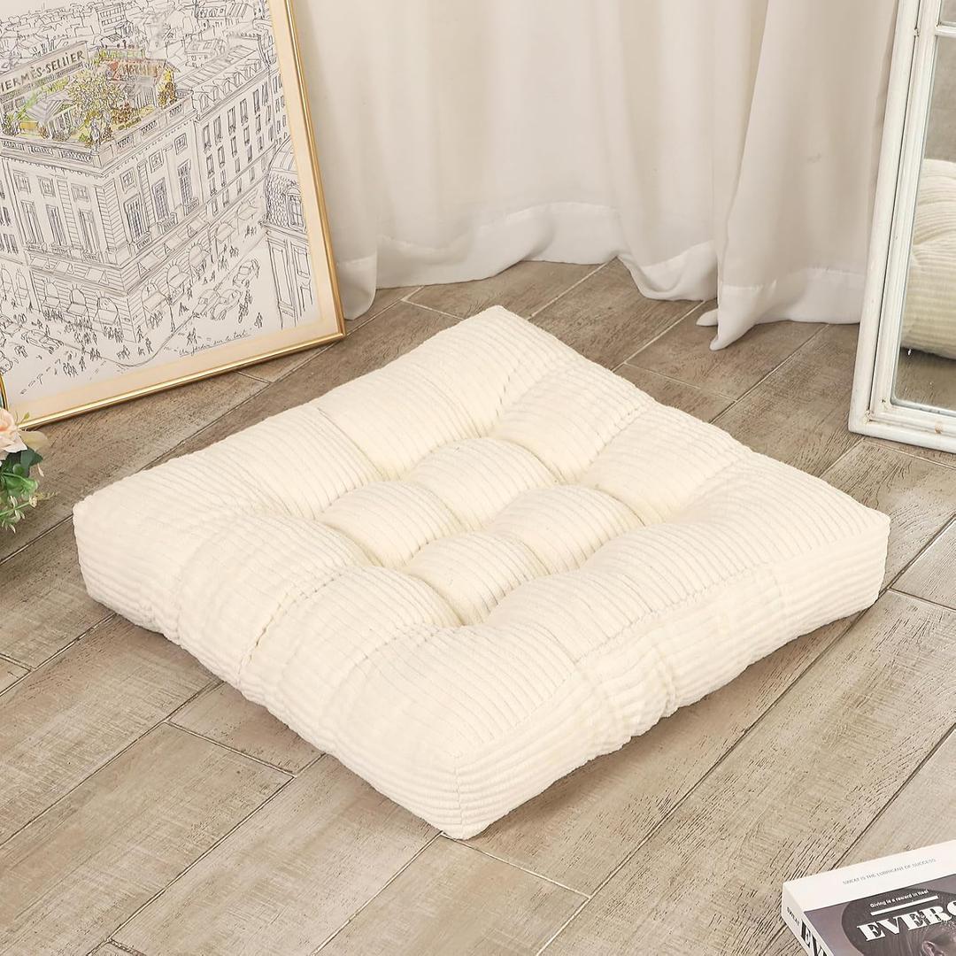 22 inches Floor Cushions for Adults, Square Large Meditation Pillow, Thick Corduroy Floor Pillows for Sitting, Yoga, Living Room, Sofa, Tatami, Beige