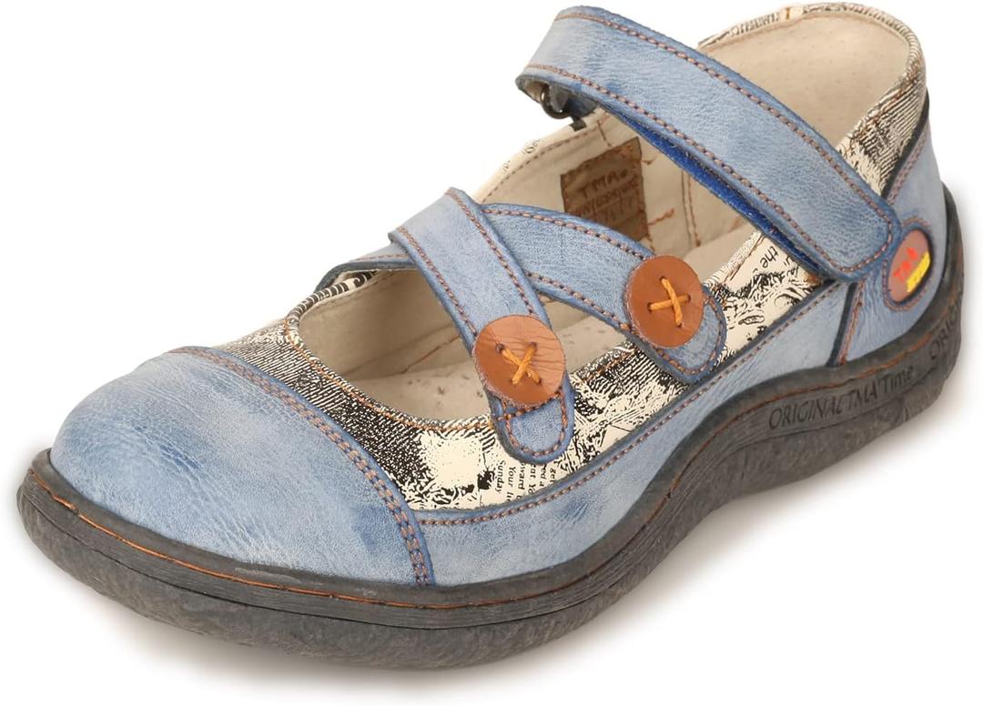 TMA EYES Button Criss Cross Strap Leather Women Flat Shoes (6.5, Blue)