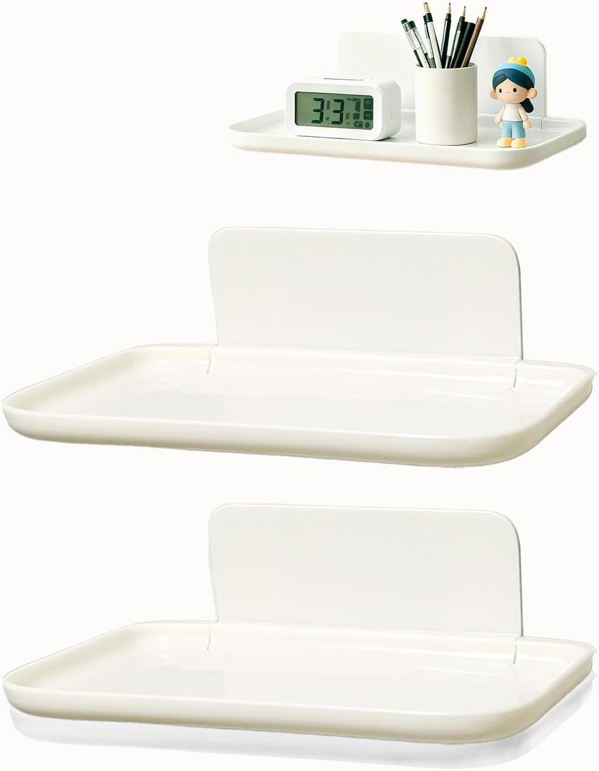 3 Pcs Small Foldable Floating Shelves for Living Room Bathroom,Bedside Shelf No Drill,Adhesive Shelves Organizer,Stick on Wall Rack Shelf Kitchen Entryway Bedroom,Bed Bedside Tray White