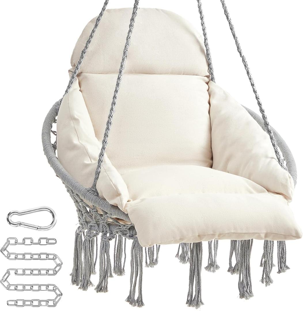 SONGMICS Hanging Chair, Hammock Chair with Large, Thick Cushion, Boho Swing Chair for Bedroom, Patio, Balcony, Garden, Holds up to 264 lb, Accessories Included, Dove Gray and Cream White 