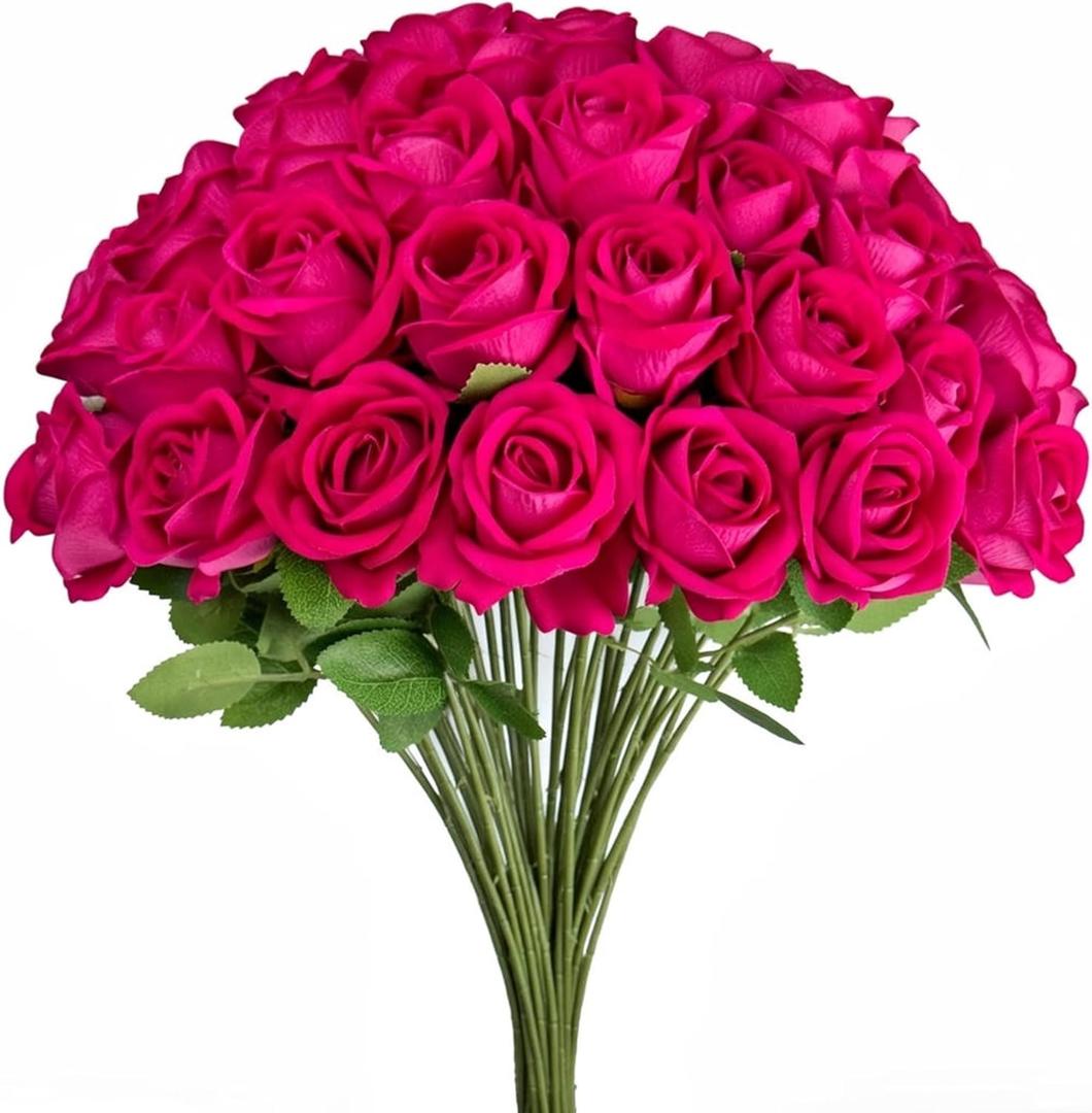 36 Pcs Hot Pink Artificial Roses with Stems, 2" Real Touch Velvet Faux Flowers Bulk for Wedding Bouquets, Centerpieces, Bridal Shower, Fuchsia Fake Floral Arrangement Decor