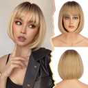BARSDAR Short Bob Wig with Bangs - Ombre Blonde Bob Wig for Women - Heat Resistant Synthetic Hair with Brown Roots - 12 Inch