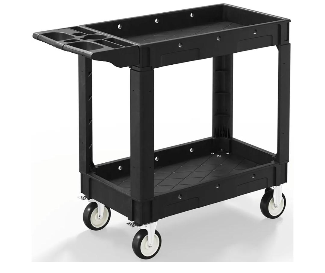 2 Shelf Heavy Duty Plastic Utility Cart, Service Cart Tub Storage W/Deep Shelve Holds up to 1000 lbs, Rolling Utility Cart with 360°Swivel Wheels, Work Cart for Warehouse, Garage, Cleaning