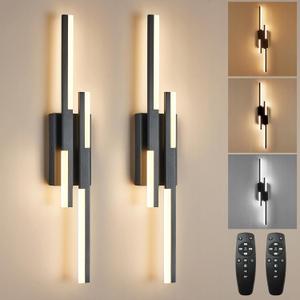 Modern LED Vanity Lights Set of 2, Black Wall Sconce with Remote Control Dimmable Indoor Wall Light Bedside Remote Sconce for Bedroom Bathroom Living Dining Room (27.6inch 2 Pack)