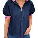 Tankaneo Womens Puff Sleeve Tops Blouse Color Block Half Zip V Neck Pullover Trendy Summer Casual Loose Fit Shirts Navy, Size: M