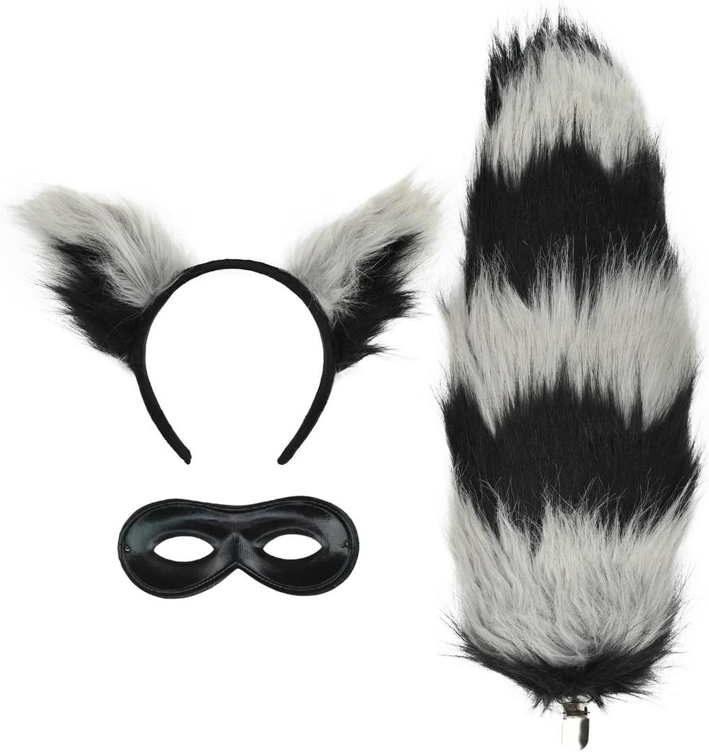 Halloween Costume Raccoon Set, Black and White Furry Ears Headband, Tail with Eye Mask, 3-Piece Dress Up Accessories