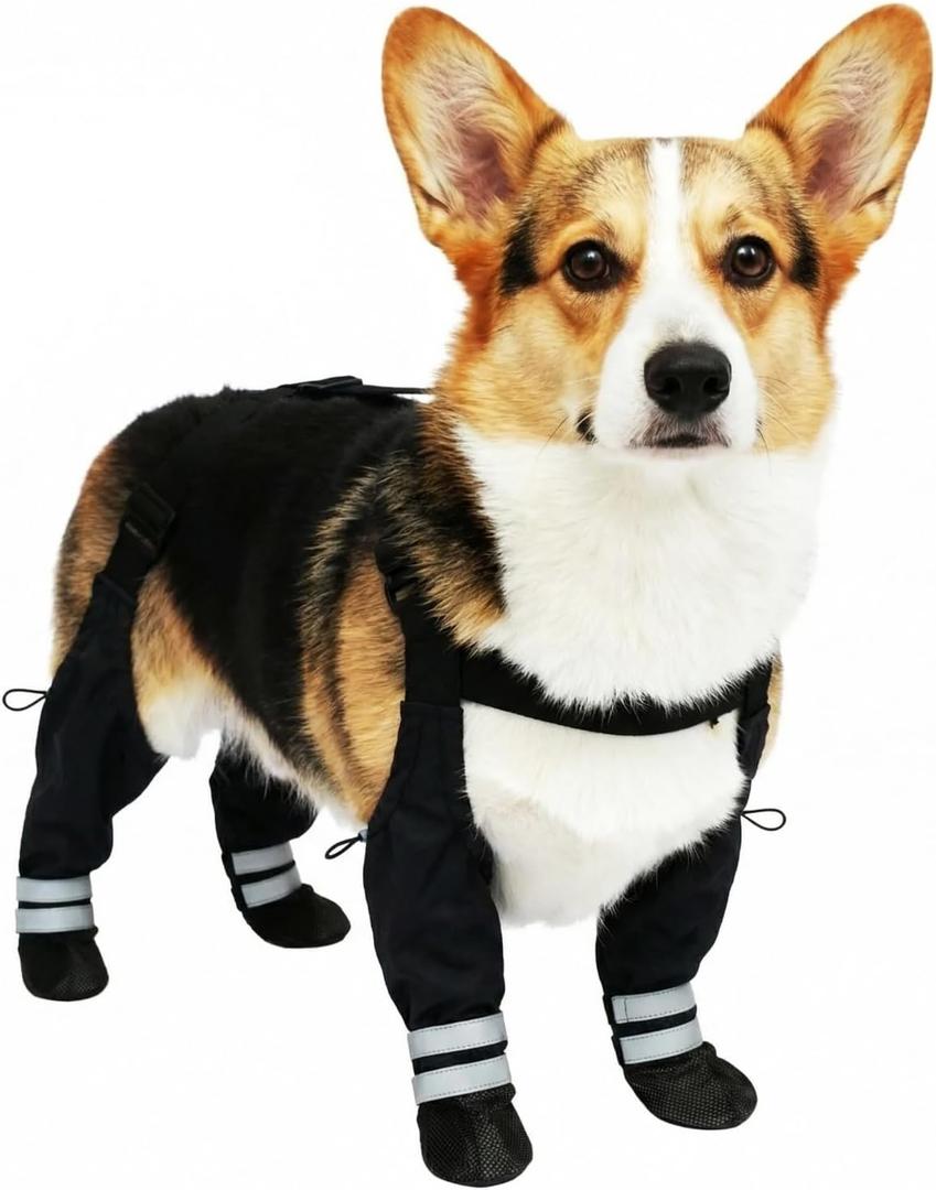 Dog Suspender Boots for Small Dogs – Waterproof & Non-Slip Dog Paw Protectors with Adjustable Straps & Reflective Strips, All-in-One Connected Dog Boots for Outdoor Walks, Snow, Rain, Hiking (S)