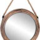 Funly mee 16.2 Inch Rustic Round Decorative Mirror with Solid Wood Frame&Rope Hanging,Farmhouse Antique Wall Decor (L)