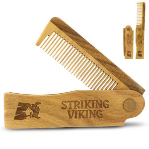 Striking Viking Folding Wooden Comb for Men - Sandalwood Switchblade Beard Comb for Grooming and Styling - Use Dry or With Oils & Balms (Folding Comb)