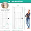 71" Extra Tall Pet Gate with Cat Door, Fits for 28.7"&37.5" Extra Wide Pressure Mounted Pet Barrier Auto-Close Safety Cat Gate with Walk Through Door Latch,White,No Drill