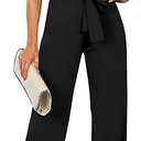 Women Dressy Jumpsuits Short Sleeve Belted Wide Leg Pant Crew Neck Elegant Romper L
