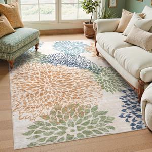 Dahlia Washable Area Rugs 5x7, Boho Floral Rug for Bedroom Dorm, Multicolored Soft Low Pile Living Room Rugs,Leaves Non Slip Throw Carpet for Classroom Nursery Office,Multi