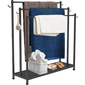 Extra Large Free Standing Towel Rack with Metal Storage Shelf & 6 Hooks for Bathroom, 3 Tiers Heavy Duty Blanket Drying Stand Holder for Outdoor Pool, Bedroom, Living Room, Black