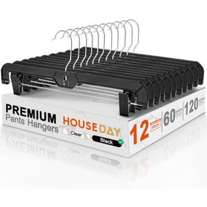 HOUSE DAY Black Pants Hangers with Clips 12 Pack, Plastic Skirt Hangers for Women, 14 Inch Clip Hanger for Pants, Skirts, Jeans, Shorts, Legging, with 360-degree Swivel Hook, 2 Adjustable Clips