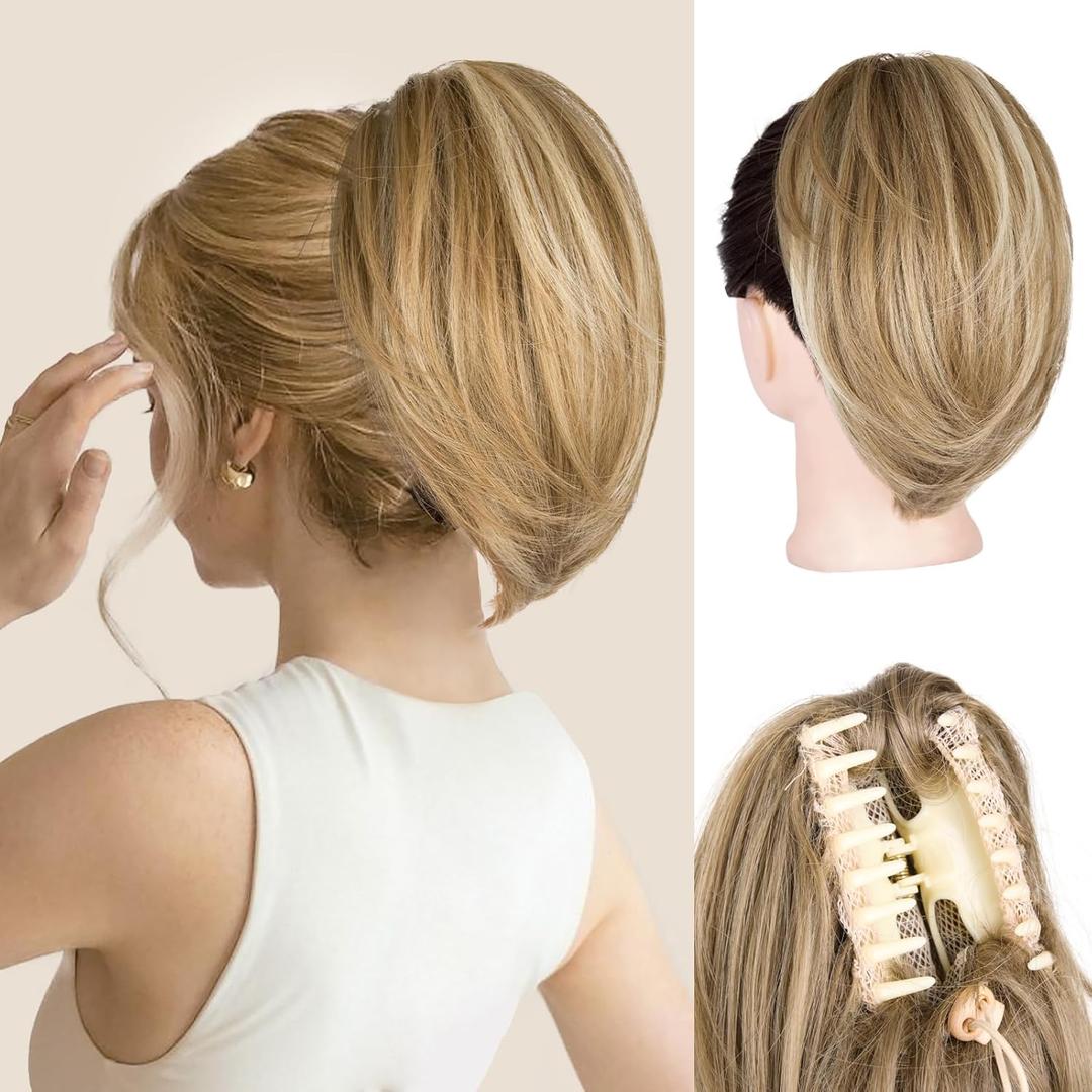 Clip on Ponytails for Women - 10 Inch Short Ponytail Extension, Straight Pony Tails Hair Extensions, Synthetic Hair Extensions Ponytail, Clip in Ponytail (Dark Blonde with Beige Blonde Highlights)