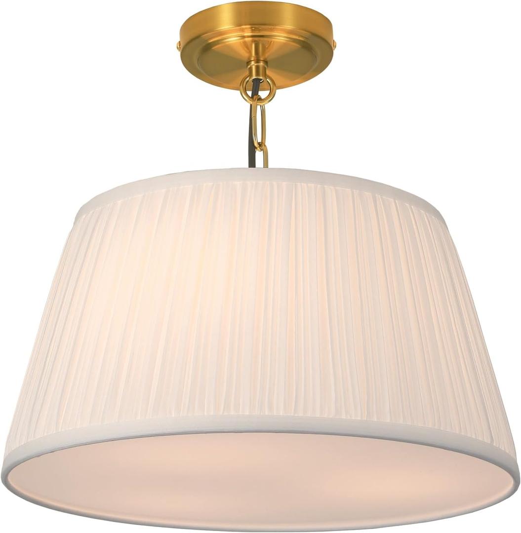 Electro bp; 15Dia White Pleated Fabric Drum Shade Ceiling Light Fixture Farmhouse Brocade Linen Cone Shape Close to Semi-Flush Mount,Polished Gold,3 Sockets,E26,180W,Large;