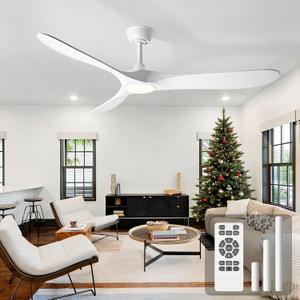 52 Inch Ceiling Fans with Lights and Remote, Wood Outdoor Ceiling Fan with 6 Speed Noiseless DC Motor, Indoor Modern 3 Blade Propeller Ceiling Fan for Bedroom Living Room Gazebo Patio (White)