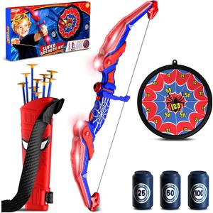 Spider Bow and Arrow Set for Kids, Led Light Up Kids Archery Set with Quiver & Web Target, 10 Suction Cup Arrows & another 3 Target Cans, Birthday Gift toys for 3 4 5 6 7 8 Year Old Boys Girls (Single)