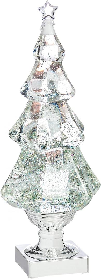 Cypress Home Beautiful LED Light Liquid Motion Glitter Christmas Tree | 14 Inches Tall | Premium Ornament | Water Globe | Battery Operated | Tabletop Sparkling Silver for Holiday Home and Office Decor