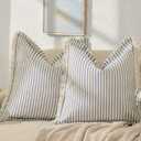 ZWJD Throw Pillow Covers 18x18 Set of 2 Striped Pillow Covers with Fringe Chic Cotton Decorative Pillows Square Cushion Covers for Sofa Couch Bed Living Room Farmhouse Decor (Bright Blue)