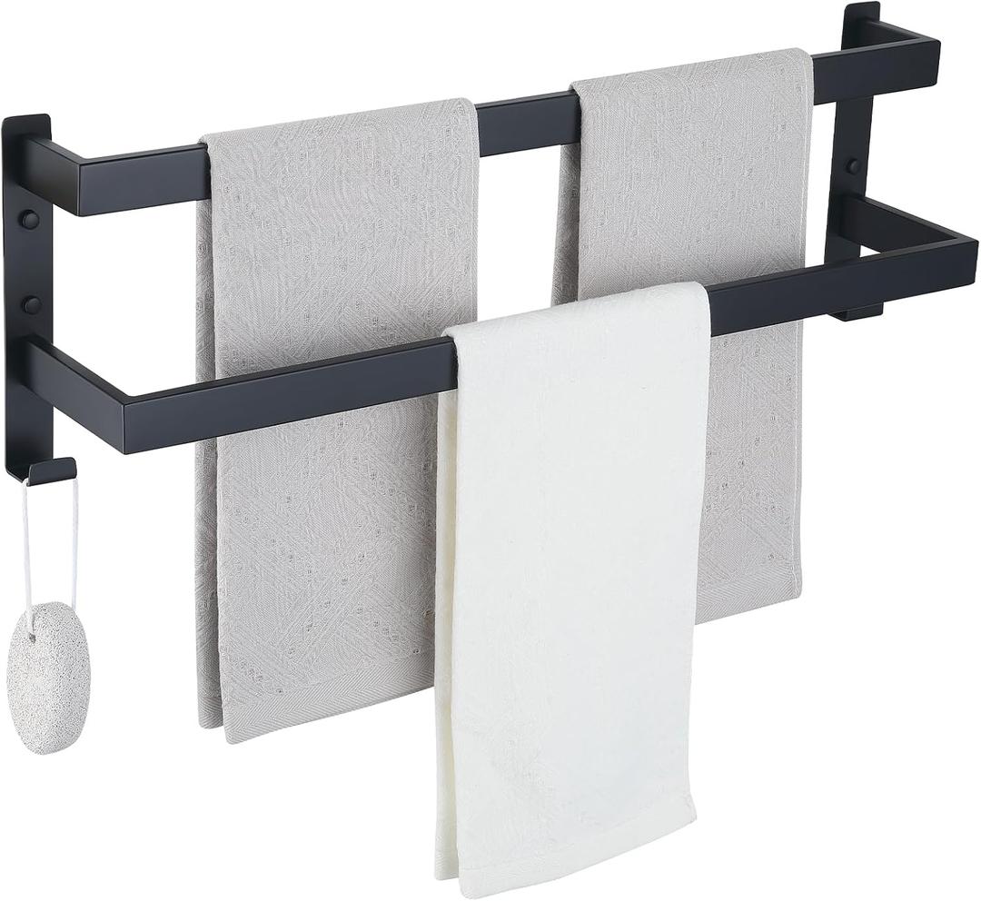 Double Towel Bar Towel Racks for Bathroom, Bath Towel Holders Wall Mount, Stainless Steel Towels Shelves Towel Rail, 2-Tiers (Matte Black, 24 Inches)