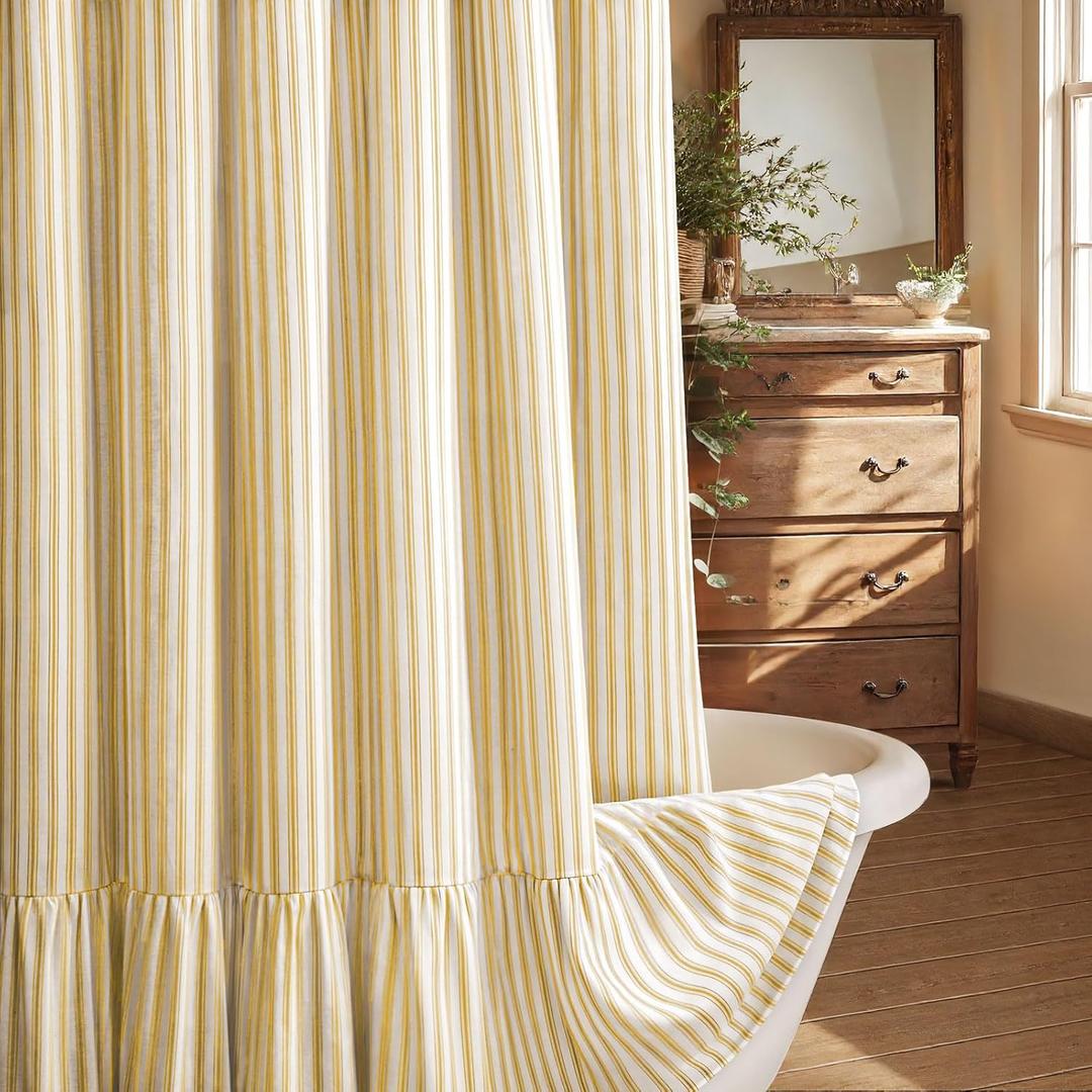 Farmhouse Shower Curtain with Ruffle Hem Linen Shower Curtains for Bathroom Country Vintage Rustic Natural Fabric, Cream-Yellow Stripe 72" W x 72" L