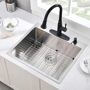 25 x 22 Inch Drop in Kitchen Sink 16 Gauge Stainless Steel Kitchen Sink 2-Holes 10 inch Single Bowl, 25"x22"x10"