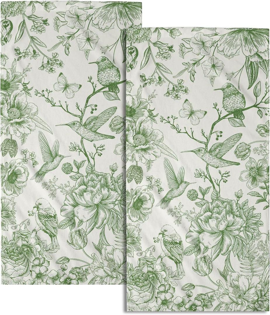 Chinoiserie Green Flowers Hand Towels Set of 4, Absorbent Spring Vintage Floral Birds Decorative Dish Towel Tea Towels for Farmhouse Bathroom Kitchen Cleaning and Decor 