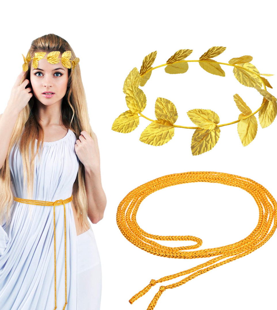 2 Set Toga Headband Roman Laurel Crown with Rope Belt for Toga Party Decor