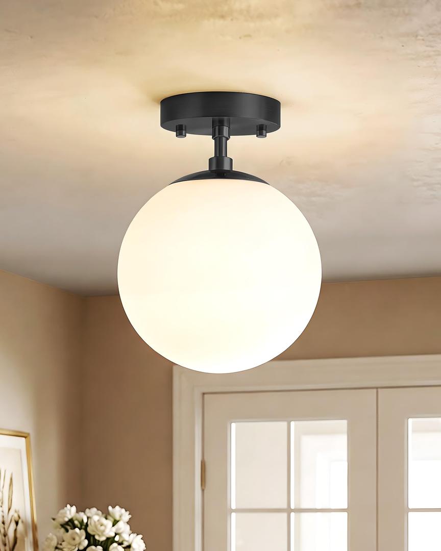 Majade Semi Flush Mount Ceiling Light 8" Globe Mid Century Modern Light Fixture Milk Glass with Matte Black Finish Light Fixtures for Hallway Entryway Kitchen Island Closet Laundry Bathroom