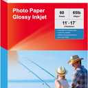 60 Sheets Heavyweight Inkjet Glossy Photo Paper 11 x 17 inch 65lb 250gsm for Obituary Bulletin Gallery Show Thick for A3 Size Dye Ink Printers