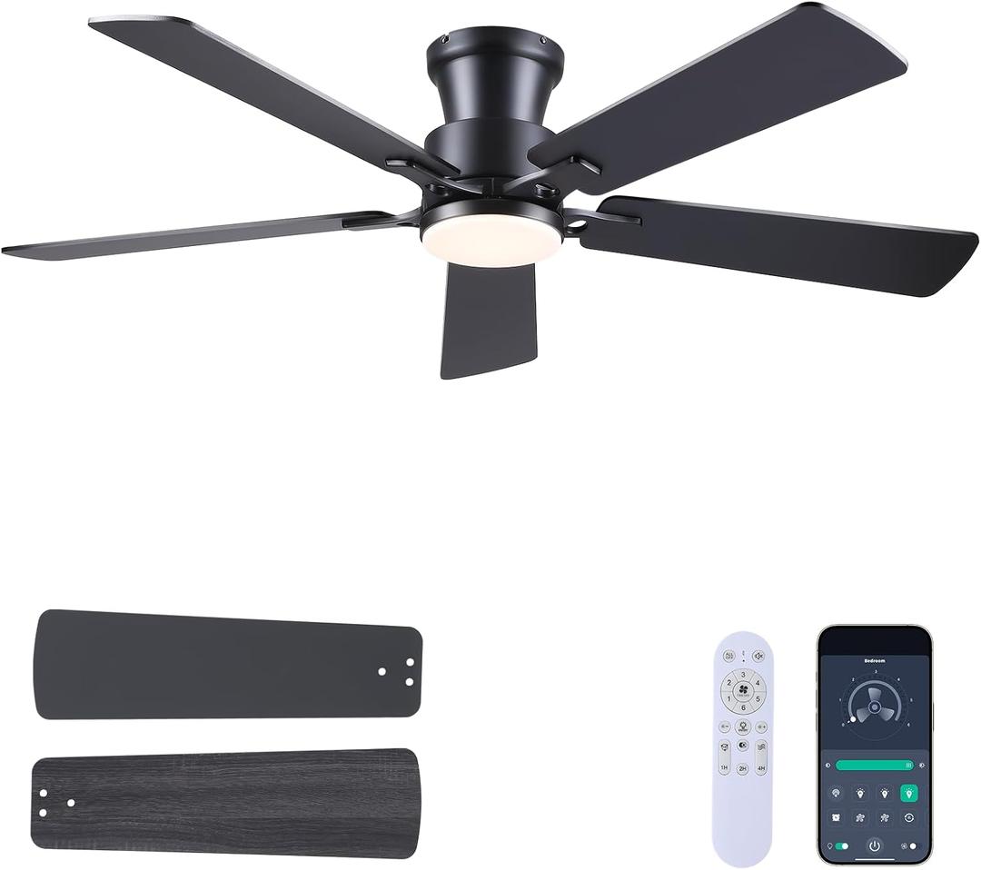 JSAITEE Ceiling Fans with Lights - Flush Mount Low Profile Flush Mount Ceiling Fans,DC Reversible Motor, 3CCT Dimmable, Noiseless, 6 Speeds Black Modern Ceiling Fan for Indoor/Outdoor