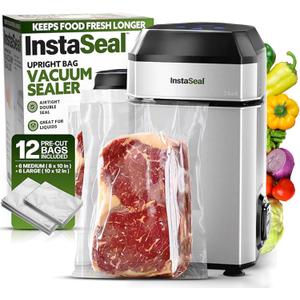 InstaSeal Vacuum Sealer for Food with 12 Bags, Preserves Foods 5x Longer, Space Saving Compact Upright Design Allows Machine to Seal Marinades, Soups, Meats for Sous Vide Cooking, Vegetables (Silver)