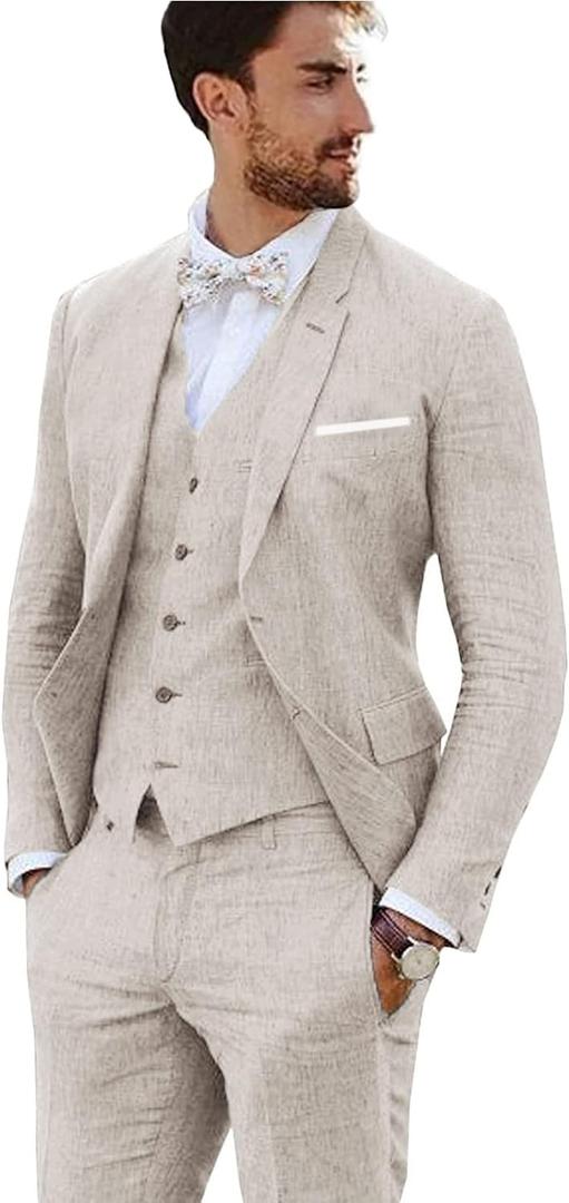 Linen Suit 3 Pieces Vintage Retro Wedding Prom Suits Slim Fit Jacket Blazer Groom Tuxedos (Beige)