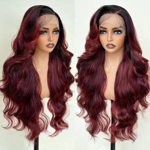 UGORGEOUS Burgundy Ombre 26 Inch HD Lace Front Wigs for White Women Black Women Pre Plucked Body Wave Synthetic Wig with Tiny Knots 13×6 Pre Layered Natural Hairline Glueless Wigs Wear and Go; Mac Color Eyelash 027