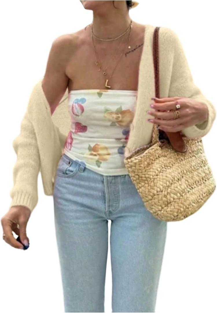 GORGLITTER Women's Long Sleeve Cropped Cardigan Sweaters Cute Chunky Button Down Lightweight Knit Short Cardiagn (L)