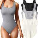 OQQ Women's 3 Piece Bodysuits Sexy Ribbed Sleeveless Square Neck Tank Tops Leotard 2025 Trendy Outfits, Size M