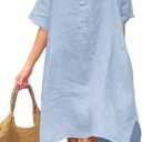 Chouyatou Women's Summer Casual Linen Beach Tunic Dress Loose High Low Midi Long Polo T Shirt Dress (Blue) Small
