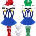 Mary and Luigi Costume for Adult,Kids,Super Bros Red and Green Hats,Mustache,Gloves,Socks, Blue Dress Outfits Accessories Halloween Cosplay for Men & Women