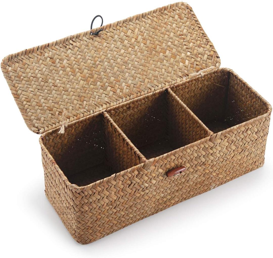Seagrass Storage Basket with Lid Rectangular Small Woven Shelf Baskets with Sections for Organize Snack Toys Tampon (Natural 3 Sections)