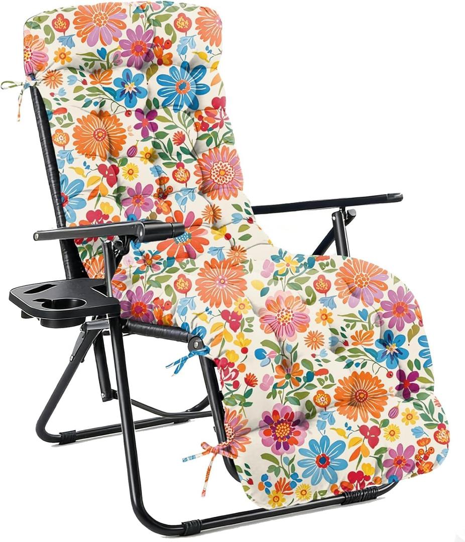 Patio Chaise Lounge Chair Cushion, Waterproof Zero Gravity Chair Cushion with Ties, Thick Cotton Chaise Lounge Cushion for Outdoor Indoor, 66x21x4 Inch Colorful Daisies (Cushion ONLY)