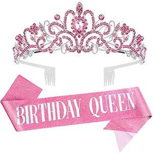 Birthday Tiara for Women, Tiara for Women Pink Rhinestone, Happy Birthday Queen Tiara for Women, Crown for Girls Tiaras Birthday Queen Crowns with Birthday Girl Sash Pack of 2